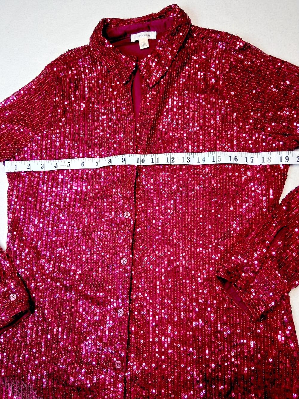 Sequin Button-Down Shirt in Red - Picture 6 of 7
